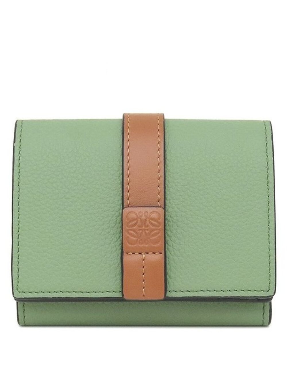 Loewe Trifold Wallet Small Vertical Calfskin Green Tan Silver Brown Compact